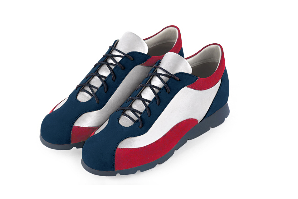 Navy blue, light silver and cardinal red women's elegant sneakers. Round toe. Flat rubber soles. Front view - Florence KOOIJMAN